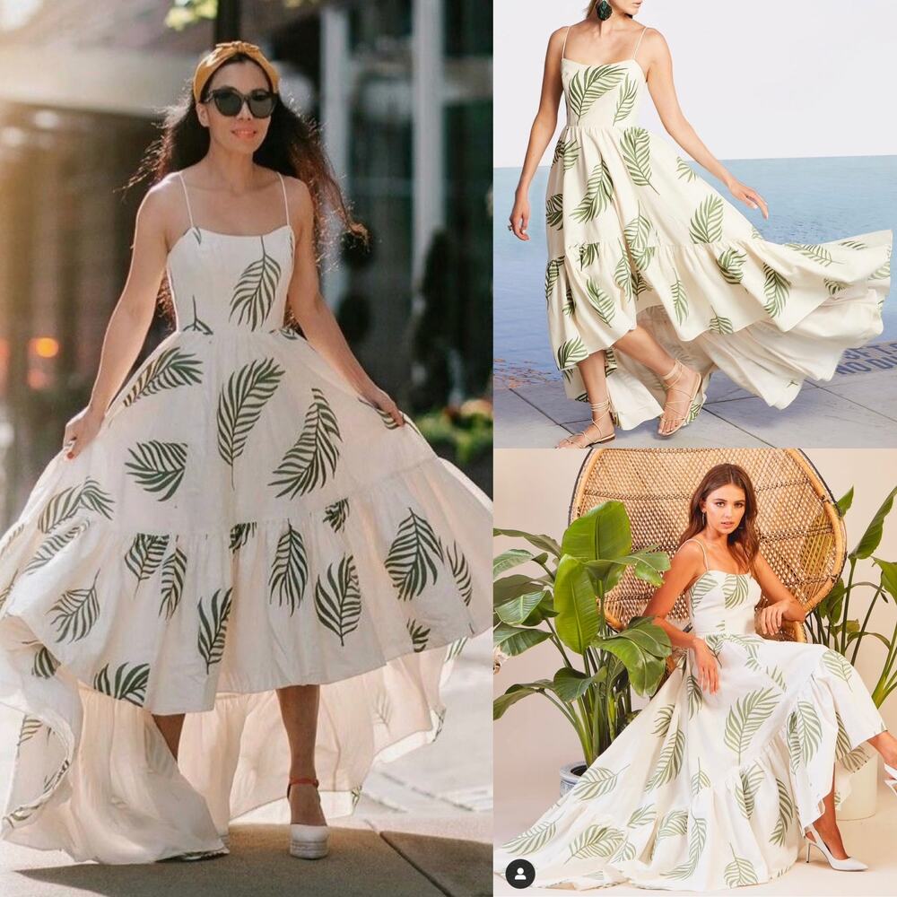 Mestiza Cleo Ballgown Cream Green Palm Leaf High Low Dress Linen Wedding Size 6 - Picture 16 of 16